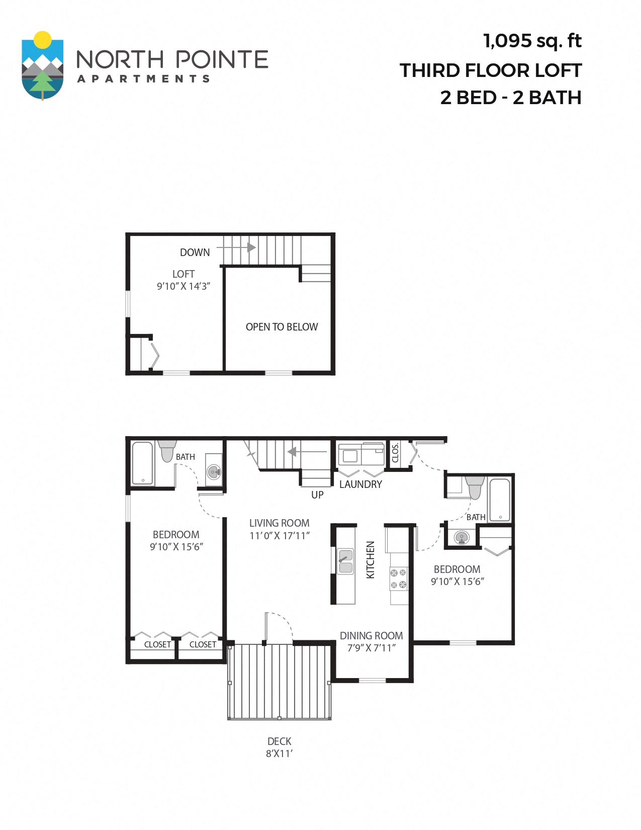 Floor plan for 2 beds, 2 baths, 1095 sqft